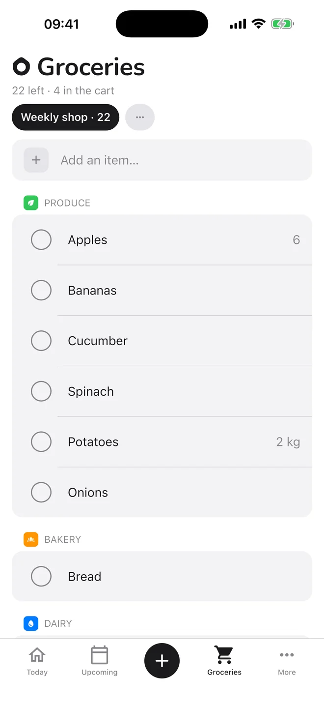 The shared grocery list, sorted by aisle.