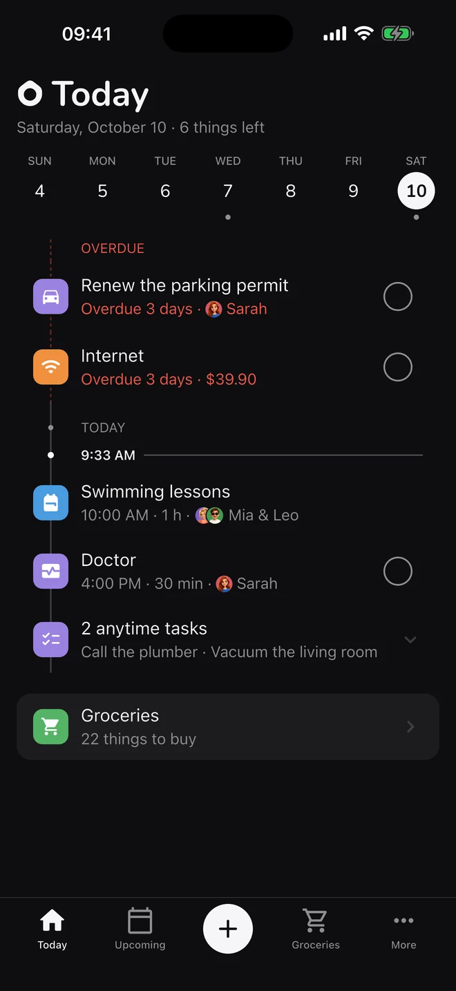 The Today screen in dark mode.
